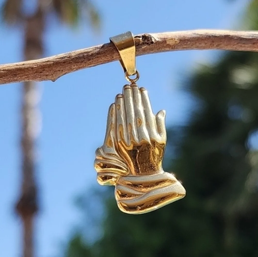 Praying Hands Pendant 18K Gold Stainless Steel Religious Jewelry Faith Necklace